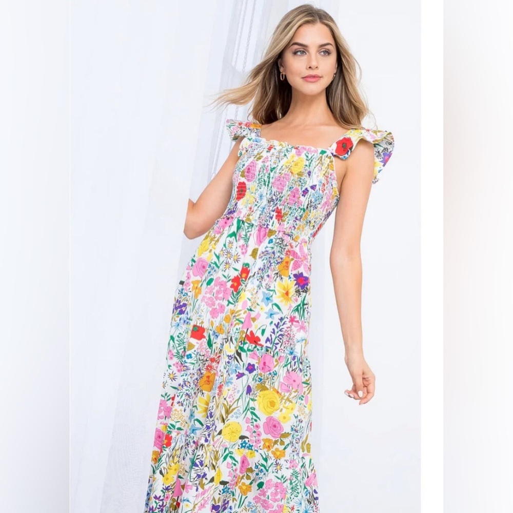 NWT! Anthropologie THML Floral Maxi Smocked Bodice Dress with Ruffle Sleeves - Picture 3 of 13